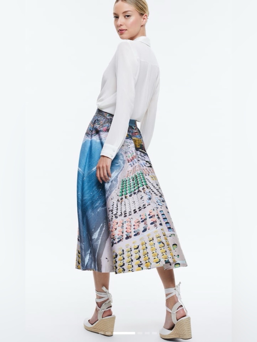 ALICE + OLIVIA Earla Whispering Waves Beach Print High Waist Midi Flare Skirt 8 - Picture 2 of 12